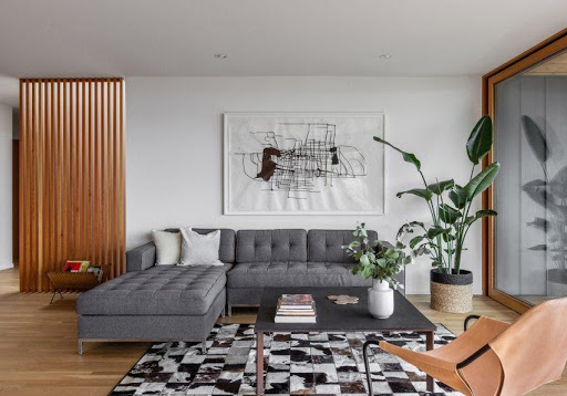 mid century modern grey living room